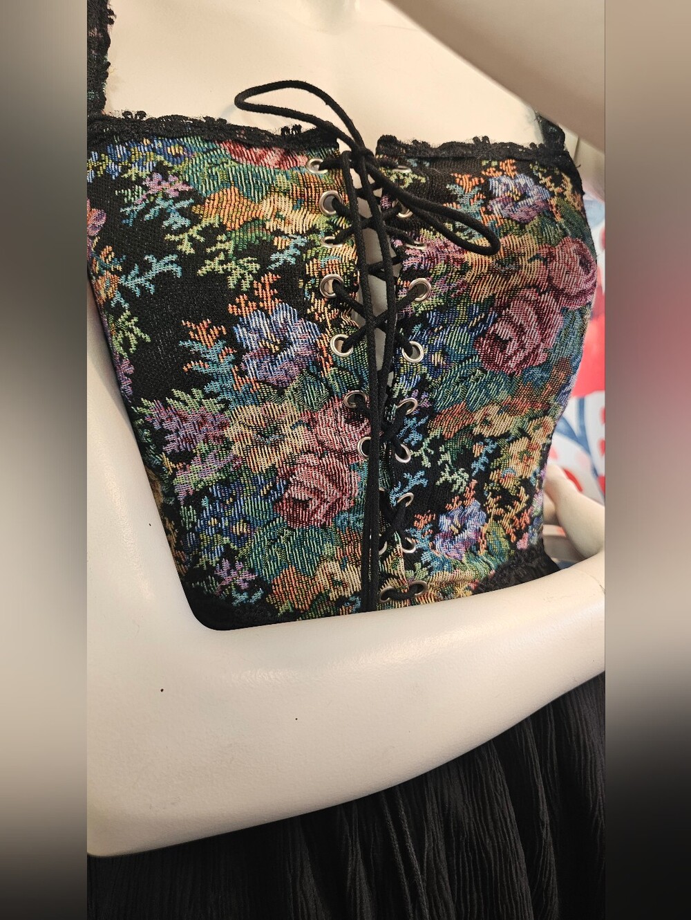 Floral Embroidered Lace-Up Black Dress - Picture 2 of 6